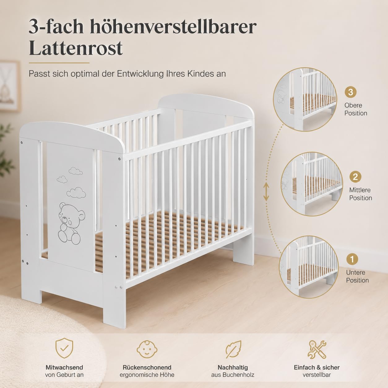Lettino per Bambini 120x60 cm in Legno Bianco | Lettino Evolutivo con Sbarre per Neonati | Altezza Regolabile e Stabile | Materasso Non Incluso | Design Sicuro e Delicato