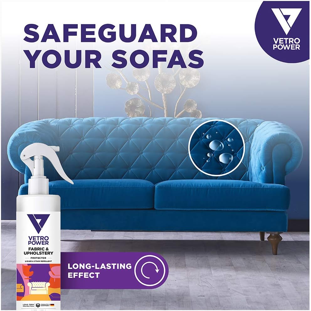 Vetro Power Fabric & Upholstery Protector Spray 8.45 fl oz (250ml) Invisible Liquid Water Stain Spills Protection for Furniture Sofas Couches Chairs Pillows