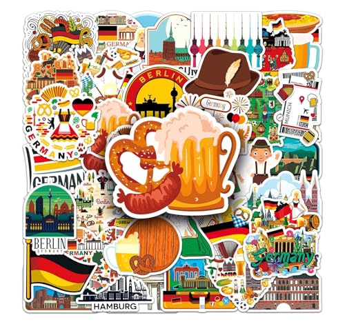 Deutschland Flagge Sticker Set - 50 Stück - Stadt München Hamburg Berlin Aufkleber Pack - Sehenswürdigkeiten Neuschwanstein Denkmal Souvenir Tourismus Oktoberfest Bier Stolz - Dekoration