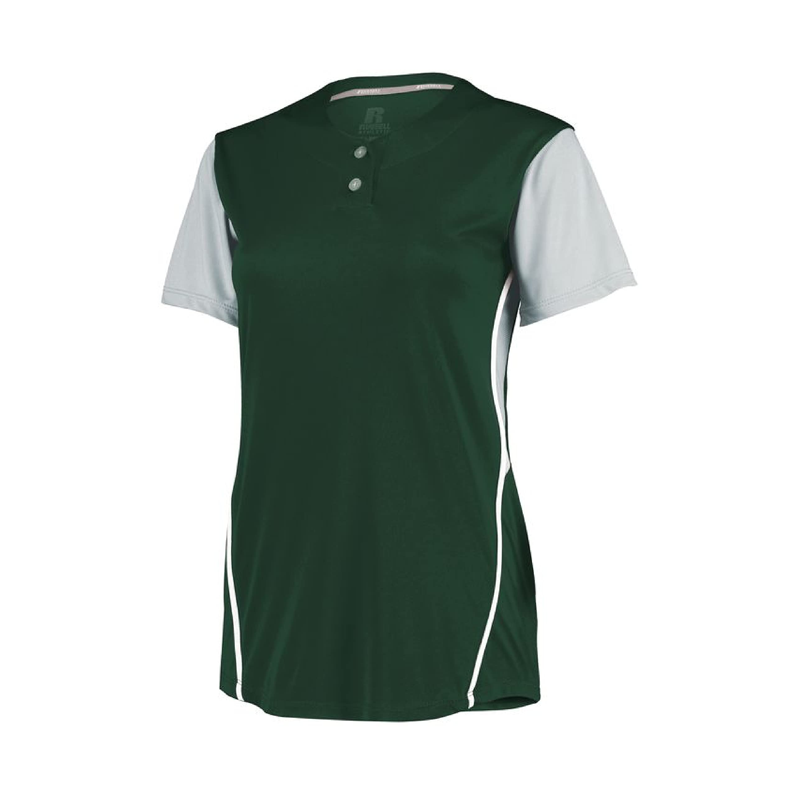 Russell Athletic Women's Ladies Performance Two-Button Color Block Jersey Shirt, Dark Green/Baseball Grey, Small