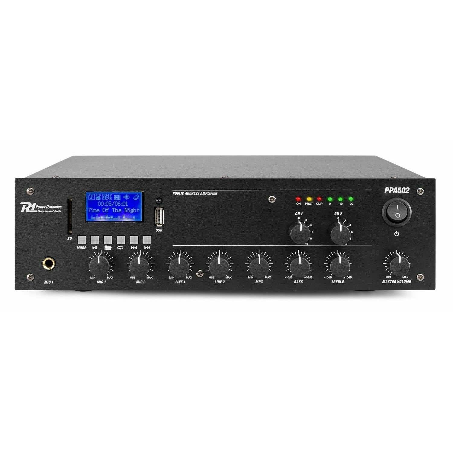 Power Dynamics PPA502 Amplificateur 2 Zones Bluetooth 100V 50W Lecteur MP3 USB Télécommande Entrée Ligne Prise 6,3mm
