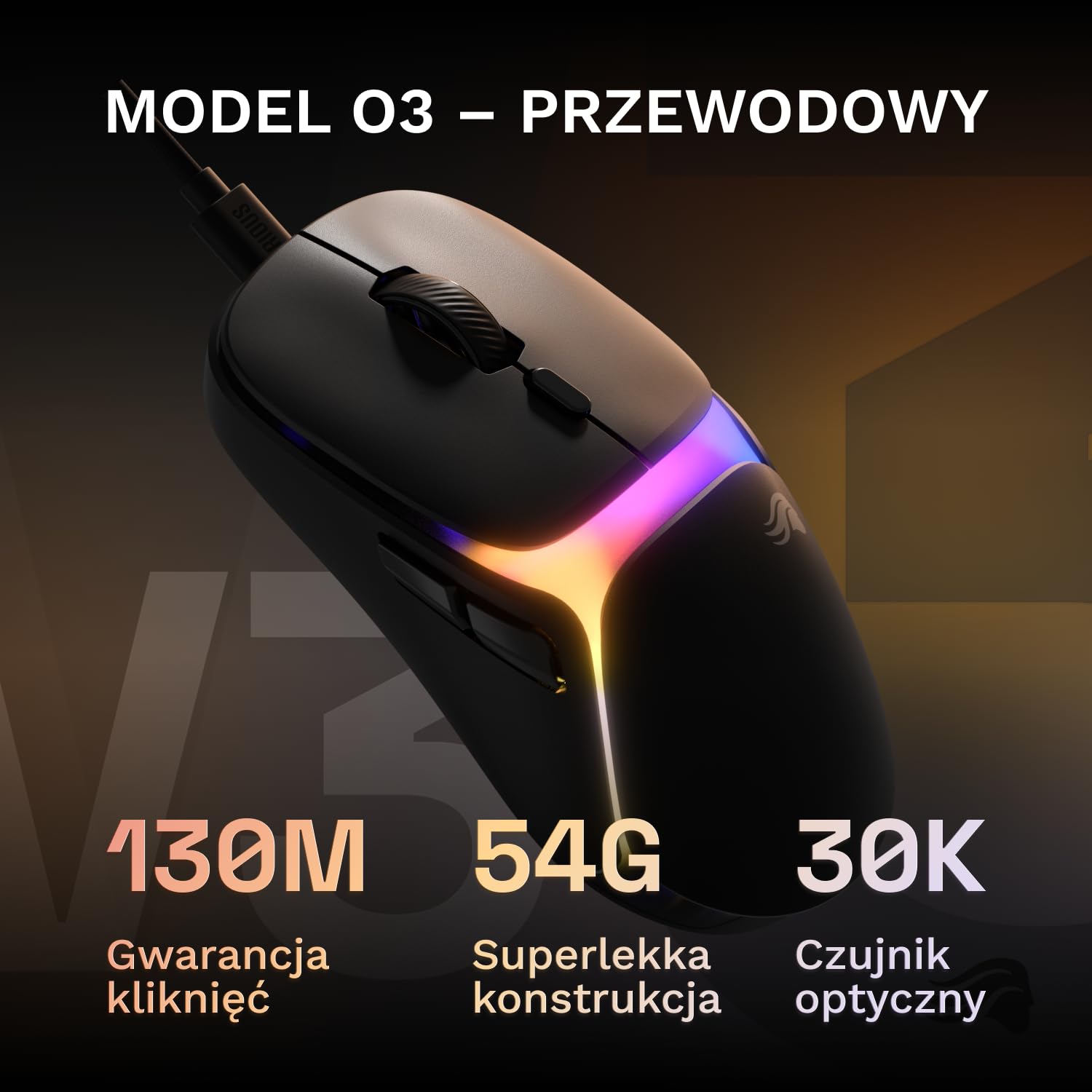 GLORIOUS Gaming – przewodowa mysz gamingowa Model O3 – Ultralekkie 54 g, przełączniki optyczne na 130M kliknięć, Sensor BAMF 3.0 z 30k DPI, śledzenie 750 IPS, akceleracja 50G, wszystkie chwyty, czerń