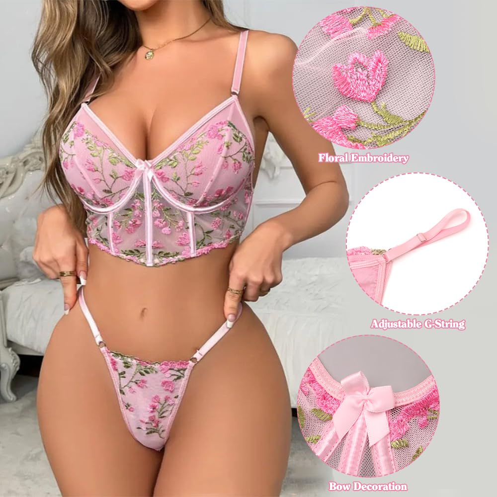 WBDWWTD Conjuntos de lencería Sexy Babydoll para Mujer, 2 Piezas, Bordado de Flores, Conjuntos de Malla Transparente, Conjunto de Sujetador con Tanga con Aros, Traje de Encaje para Dormir en