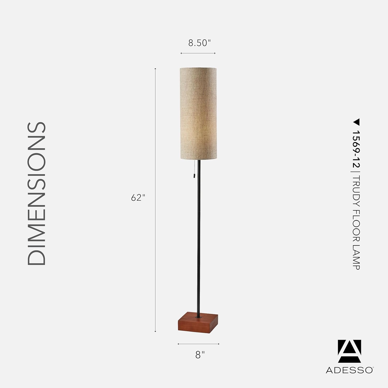 Adesso Floor Lamp with Walnut Base, Black Body and Beige Fabric Lampshade – Lamp for Bedroom, Living Room, and House Décor, 62” x 8.5”