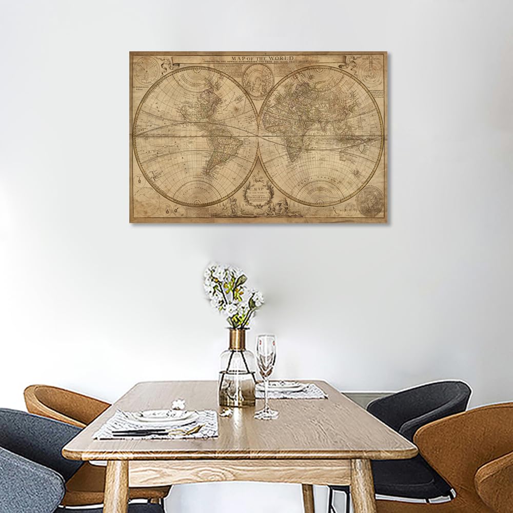 1 pieza de arte de pared de mapa antiguo para sala de estar, mapa del mundo del siglo XVIII, impresiones sobre lienzo, decoración del hogar, arte de pared de mapas antiguos, arte moderno enmarcado