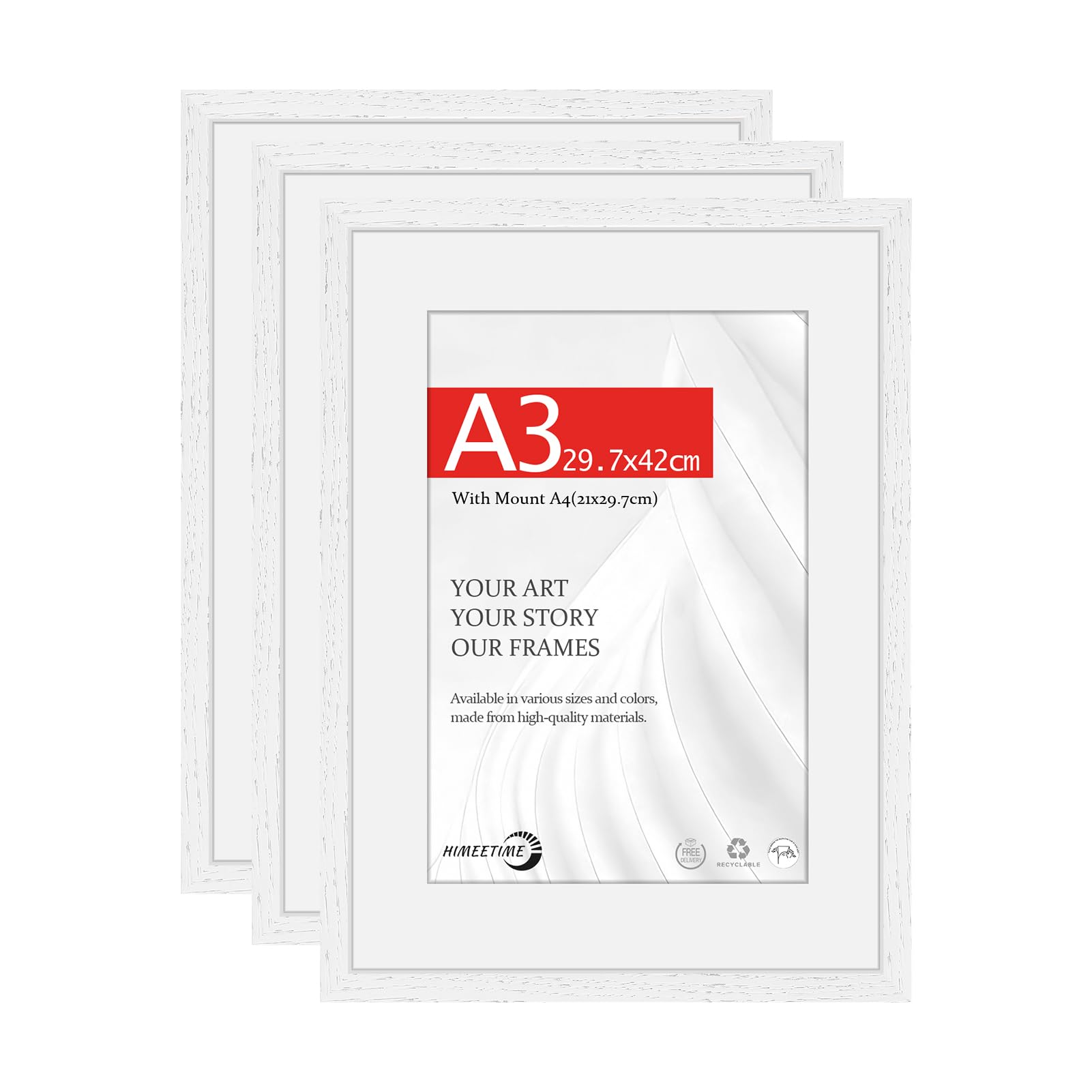 HIMEETIME® 3x Picture Frames DIN A3 29.7x42 cm – White Obeche Wood,Includes 21x30 cm Mat,Certificate Frame 30x42 cm with Shatterproof Acrylic Glass,Solid Wood Poster Frame