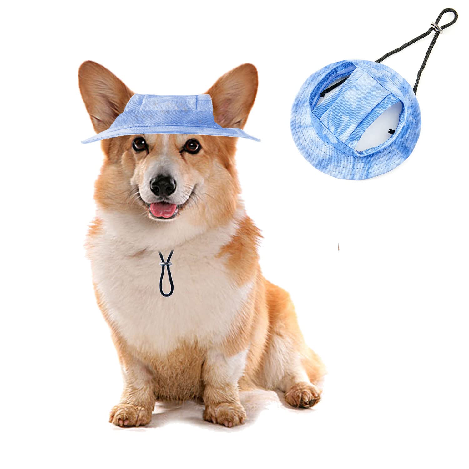 HDKUW Dog Bucket Hats, Dog Round Cap with Ear Hole, Adjustable Outdoor Travel Sun Protection Sport Hat for Cat Small Medium Dogs Dark Blue M