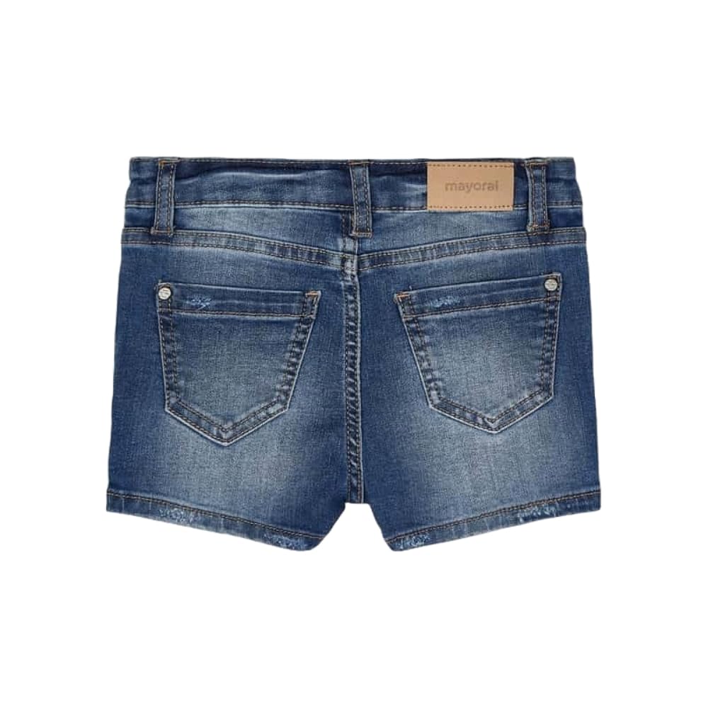 Mayoral Pantalones Cortos Niña 3-9 Años de Algodón Orgánico - Shorts Verano Denim Elástico con Bolsillos, Cintura Ajustable, Botón y Cremallera - Azul Medio 236