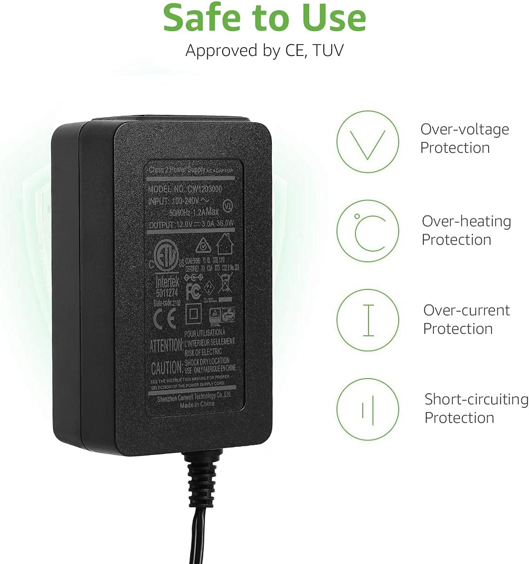 Contents of the Lighting EVER 36W 12V DC Power Adapter package, showing the adapter unit, AC power cord, and DC output cord.