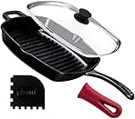 Cuisinel Cast Iron Square Grill Pan + Glass Lid + Pan Scraper + Handle Cover - 10.5