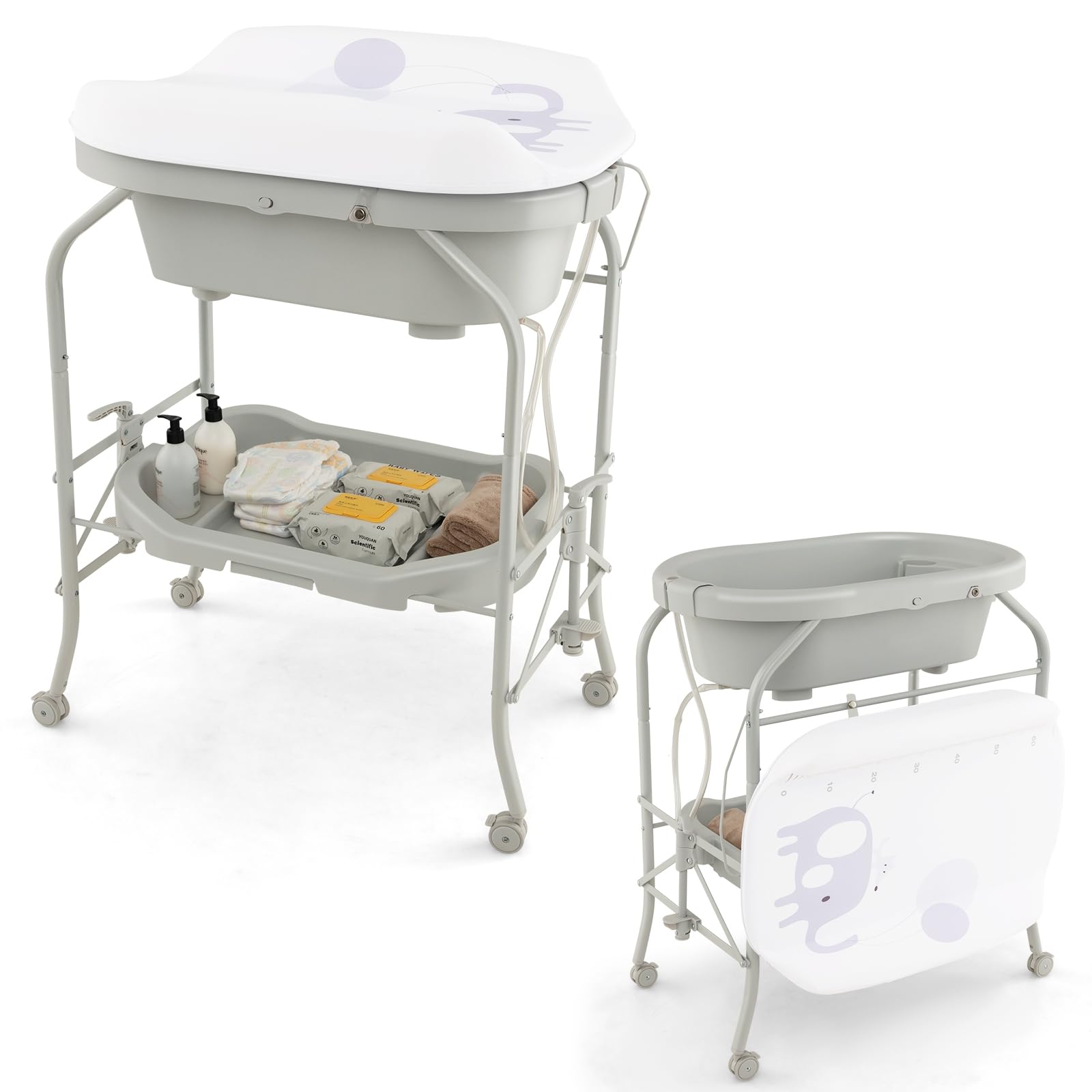 LIFEZEAL Cambiador con Bañera, Cambiador y Bañera para Bebés de 0-12 Meses, Cambiador Plegable y Portátil, Bañera para Bebé con Soporte de Carga de 35 KG (Gris claro)