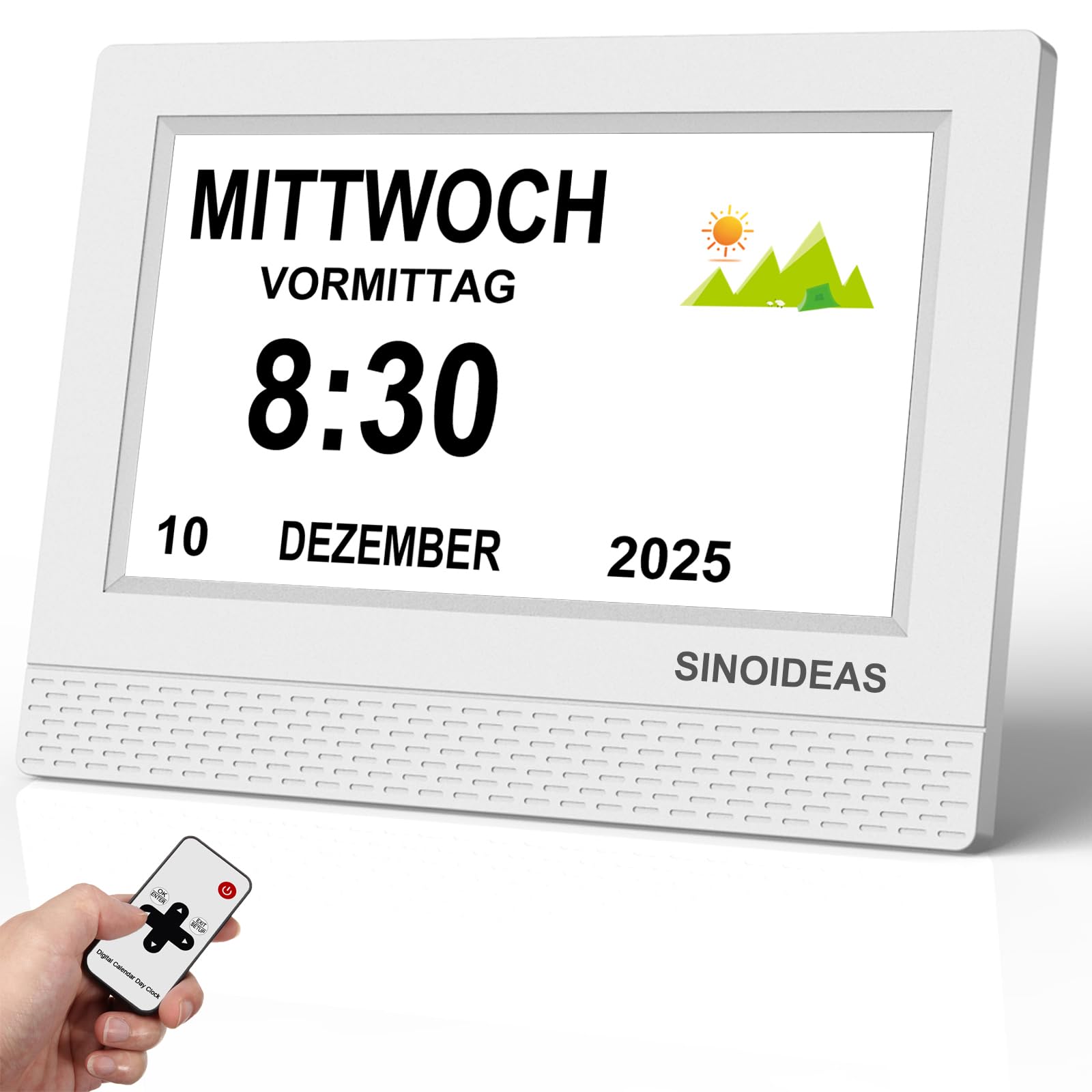 SINOIDEAS Horloge démense de 17,8 cm pour personnes âgées, réveil numérique avec calendrier, 22 rappels personnalisés et 17 thèmes (blanc)