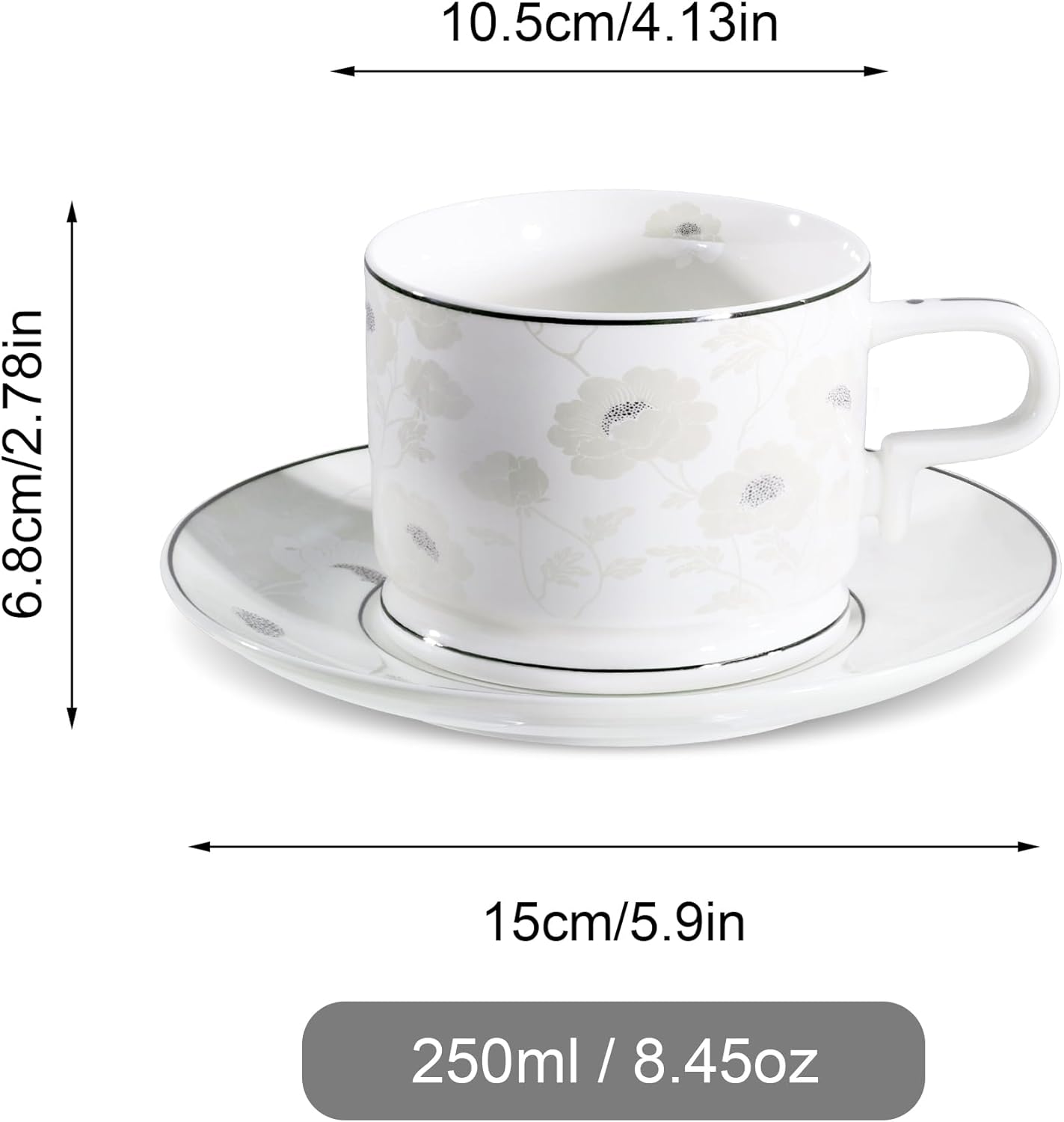 fanquare 7 Ounces Bone China Teacup and Saucer Set for 6, Silver Trimmed Peony Floral Porcelain Coffee Cup with Anti-Slip Design for Home Office Wedding