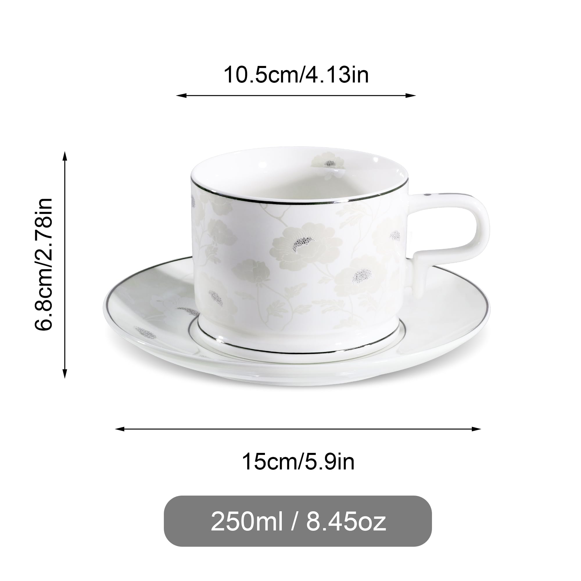 fanquare Srebrny zestaw filiżanek do herbaty z kwiatami i spodkami, zestaw 6 eleganckich brytyjskich filiżanek do kawy, porcelanowe filiżanki do herbaty, prezent na popołudniowe przyjęcie herbaciane