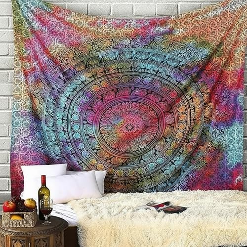 Image of Craft Trade Wall Tapestry - Aesthetic Mandala Wall Hanging Cotton Bedspread Indian Hippie Boho Wall Decor Bohemian Psychedelic Bedsheet Home Decoration Wall Art - Multi - 90x108 Inches
