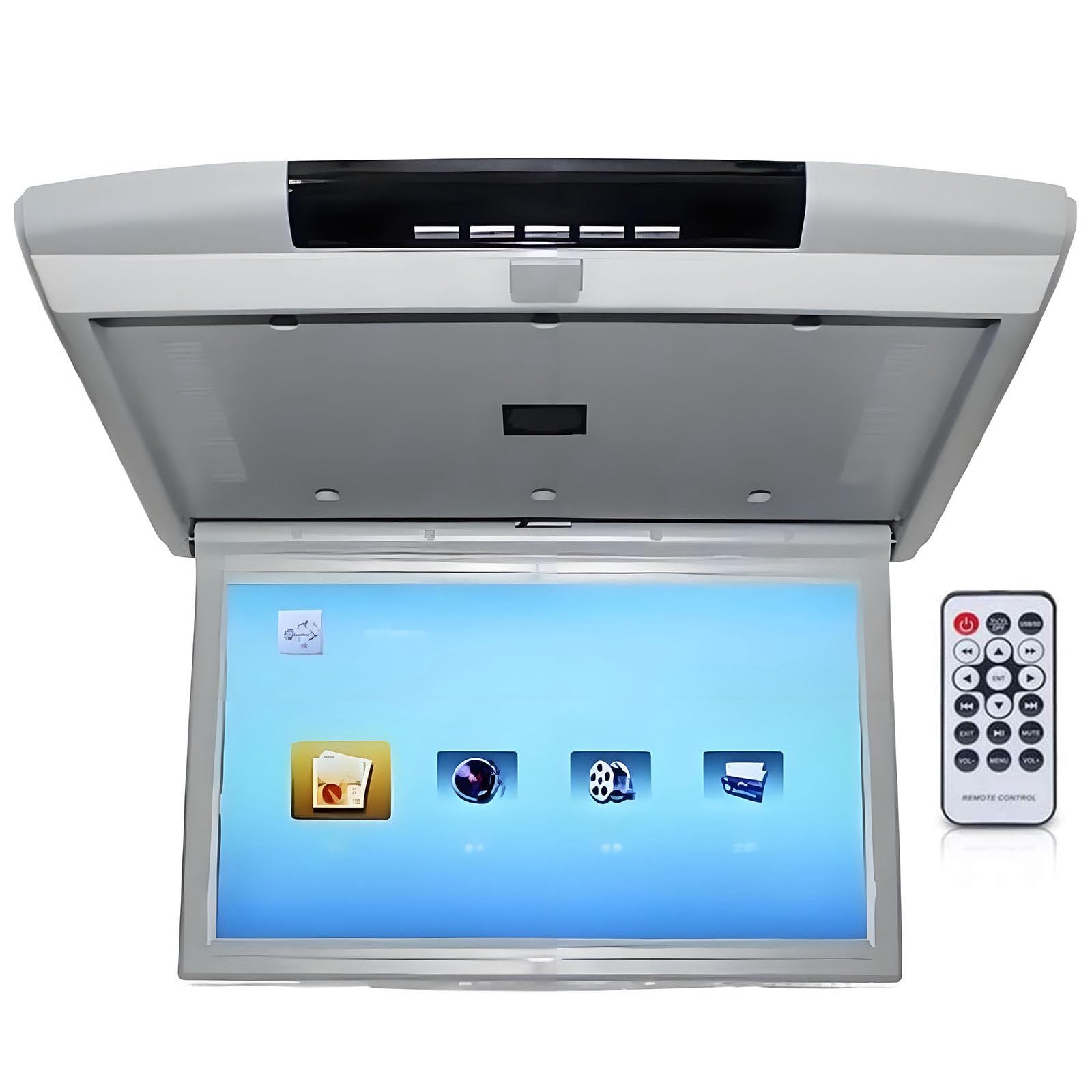 XNZJHPP 17.3 in Car Overhead Flip down Monitor,1080p Full Viewing Ceiling HD Digital TV with Light,Remote Control,Car Stereo Player,Ir Fm USB Sd Black (Grey)
