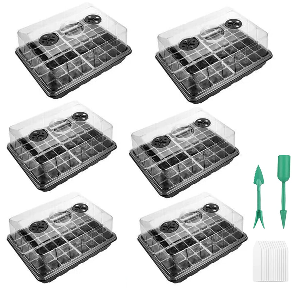 MoTrent Seed Trays Propagator Plants Greenhouse 6 Pack Garland Propagators with Lids 240 Cell Seedling Tray Growing Pots Trays Plant Germination Kit Plastic Propagating Set Garden, Black, 40 Cells