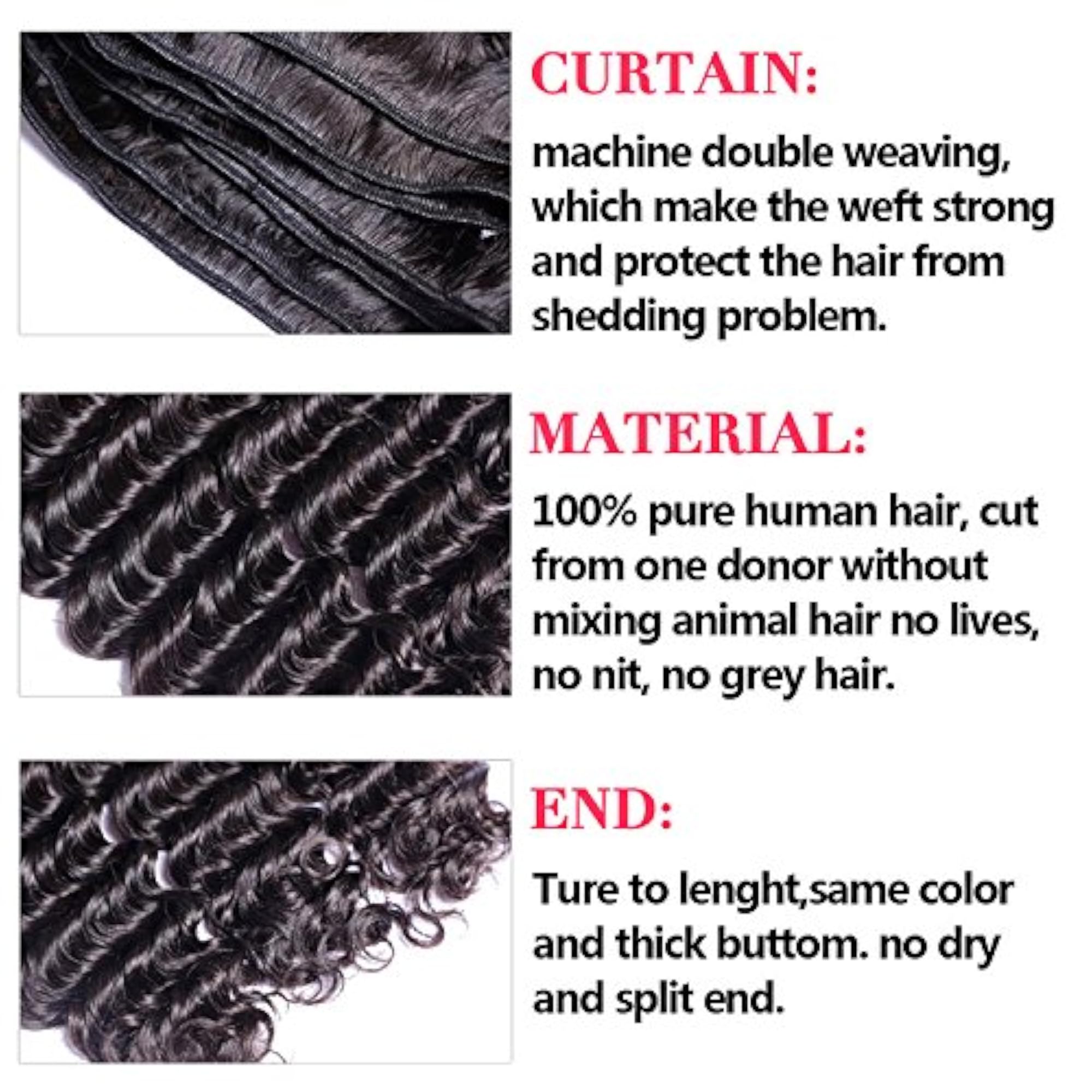 3 Bundles Brazilian Virgin Hair Deep Wave Extensions, 7A Grade