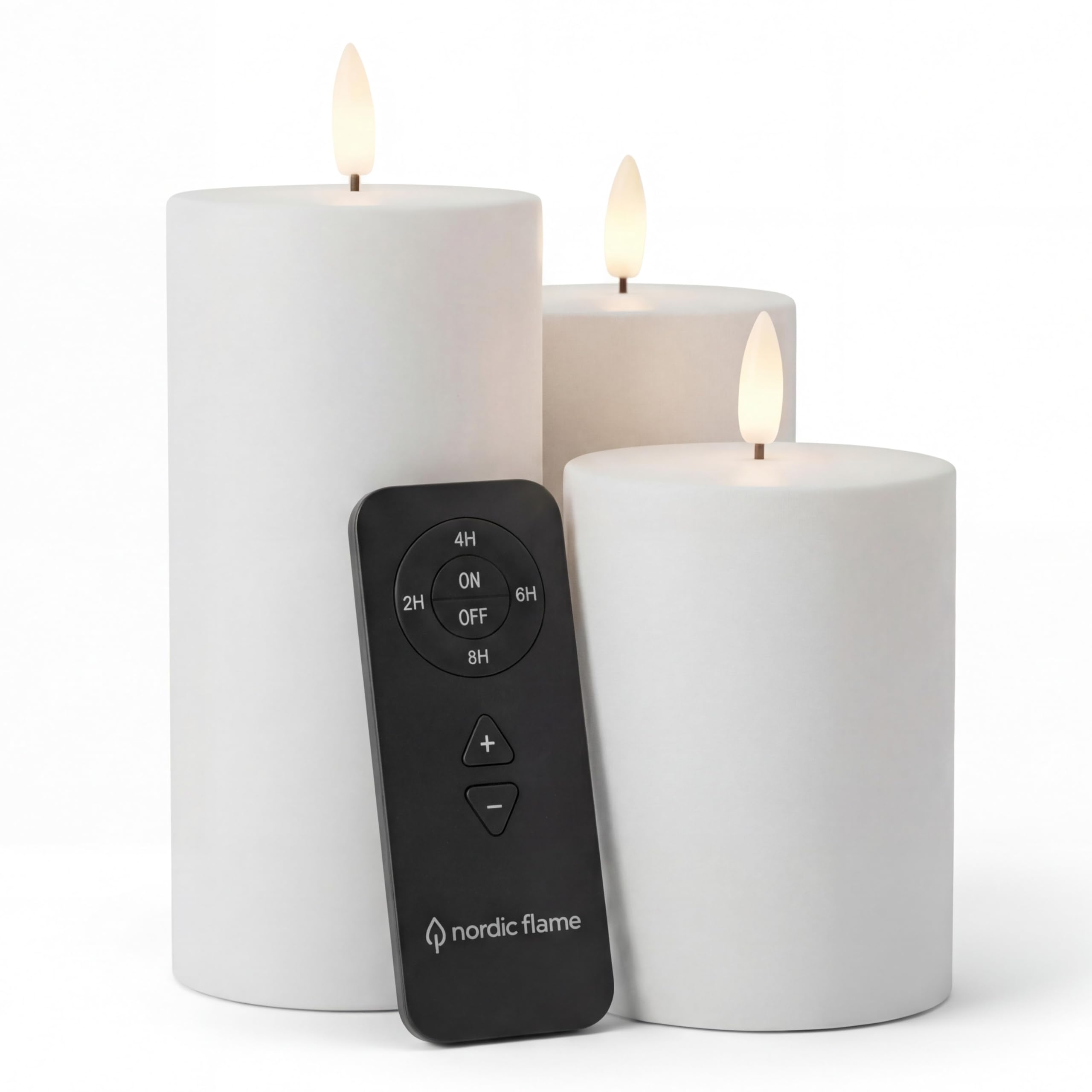 Nordic Flame Outdoor LED Kerzen Set 3er-Set mit Fernbedienung – wetterfeste LED Stumpenkerzen für Außenbereich – Timer 2/4/6/8 Std (Weiß)
