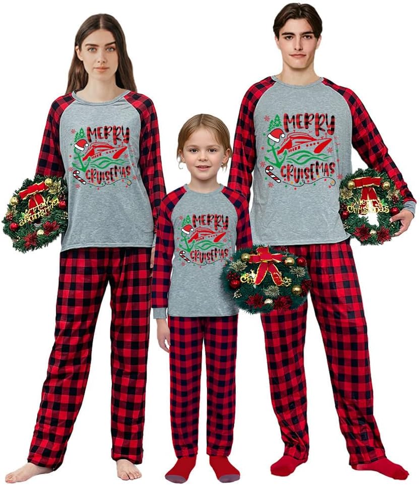 Merry Christmas Matching Christmas Pajamas Set Long Sleeves And Plaids Pants Pajamas Set For Adults