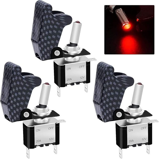 Taiss/3Pcs Rocker Toggle Switch 12V 20A Heavy Duty Racing Car Automative Auto SPST ON/OFF Toggle Switch Red LED Illuminated 3Pin With Charcoal Grey Waterproof Safety Cover ASW-07DR+GYM