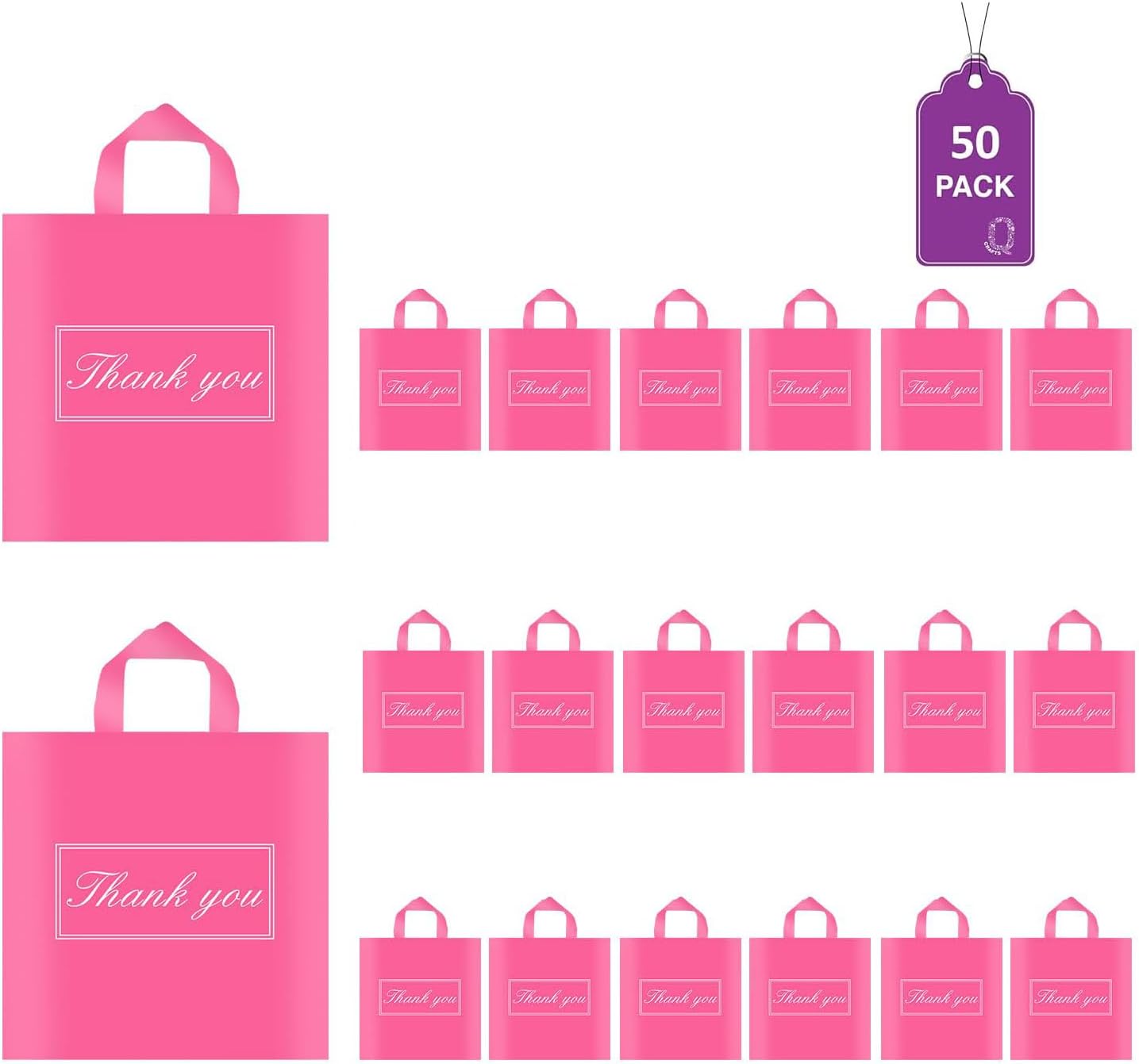 50 Pcs Pink Thank You Bags for Small Business, Shopping Bag with Handle Plastic Boutique Party Favor 15×12 Inch
