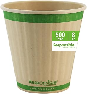 Responsible Products 8 oz Double Wall Insulated Paper Coffee Cups (500 Count), Rigid Wall Insulated To Go Coffee Cup - Natural Brown, Compostable, Eco-Friendly, Disposable Hot Beverage Cups
