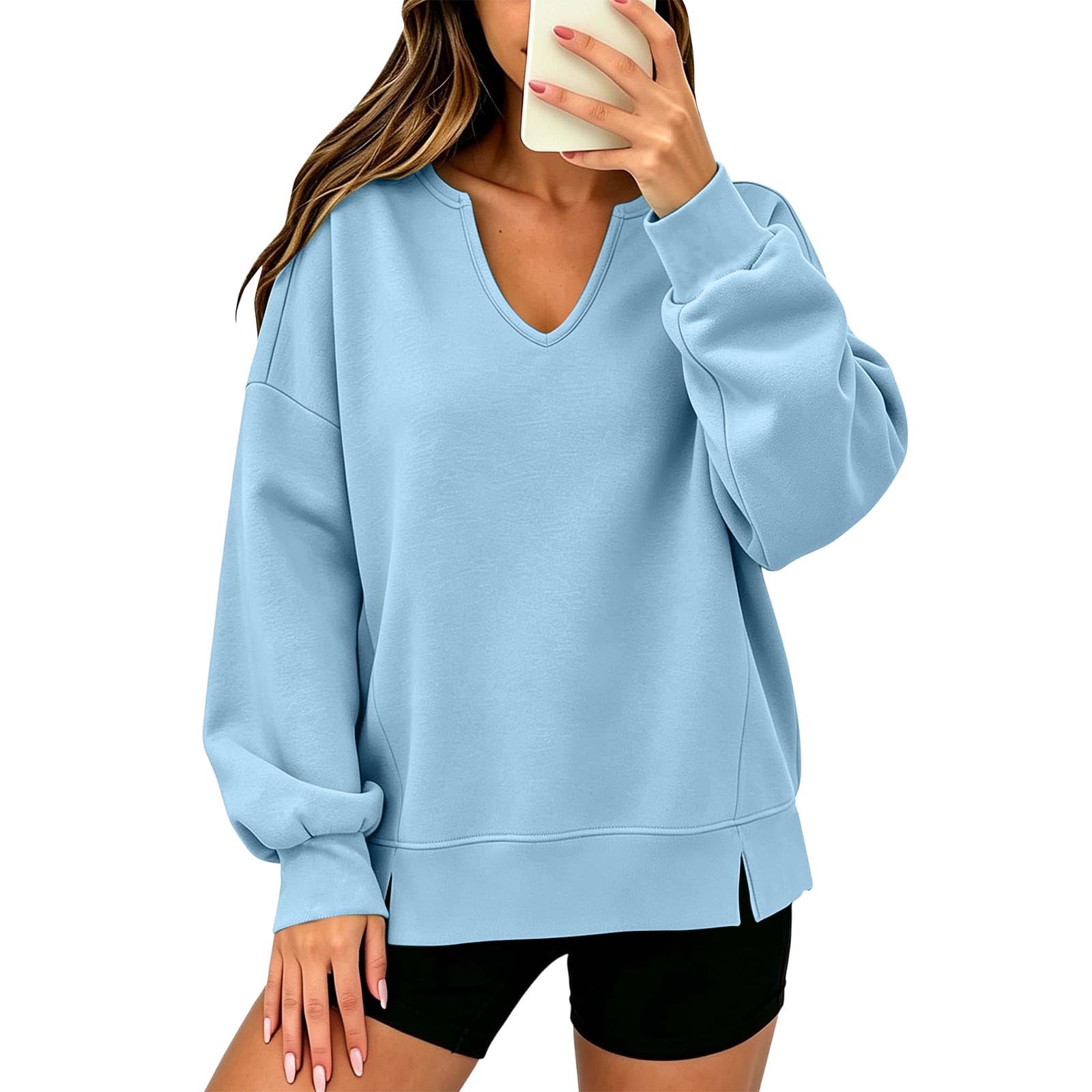 Felpa Donna Cotone Senza Cappuccio Pullover con Scollo a V Oversize Casual | Felpa Donna a Maniche Lunghe con Scollo a V e Bottoni Autunno Inverno Tops in Tinta Unita Vintage Y2K Sweatshirt