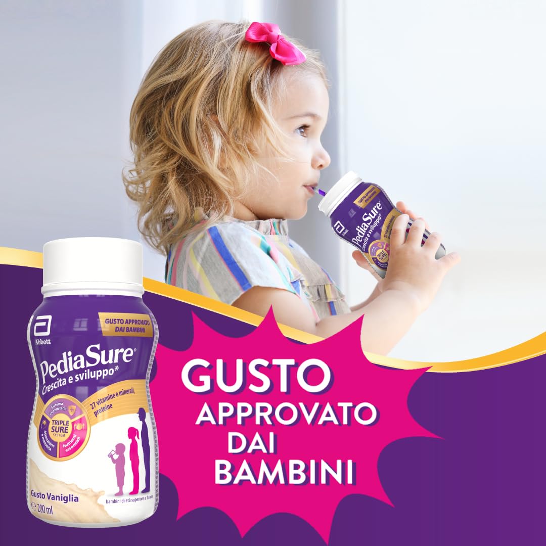 Pediasure Crescita e Sviluppo Drink, Integratore Bambini con Vitamine, Minerali, Proteine, per Difese Immunitarie, Concentrazione e Memoria, Formato Liquido 200 ml x 4 Pronto da Bere | Gusto Vaniglia