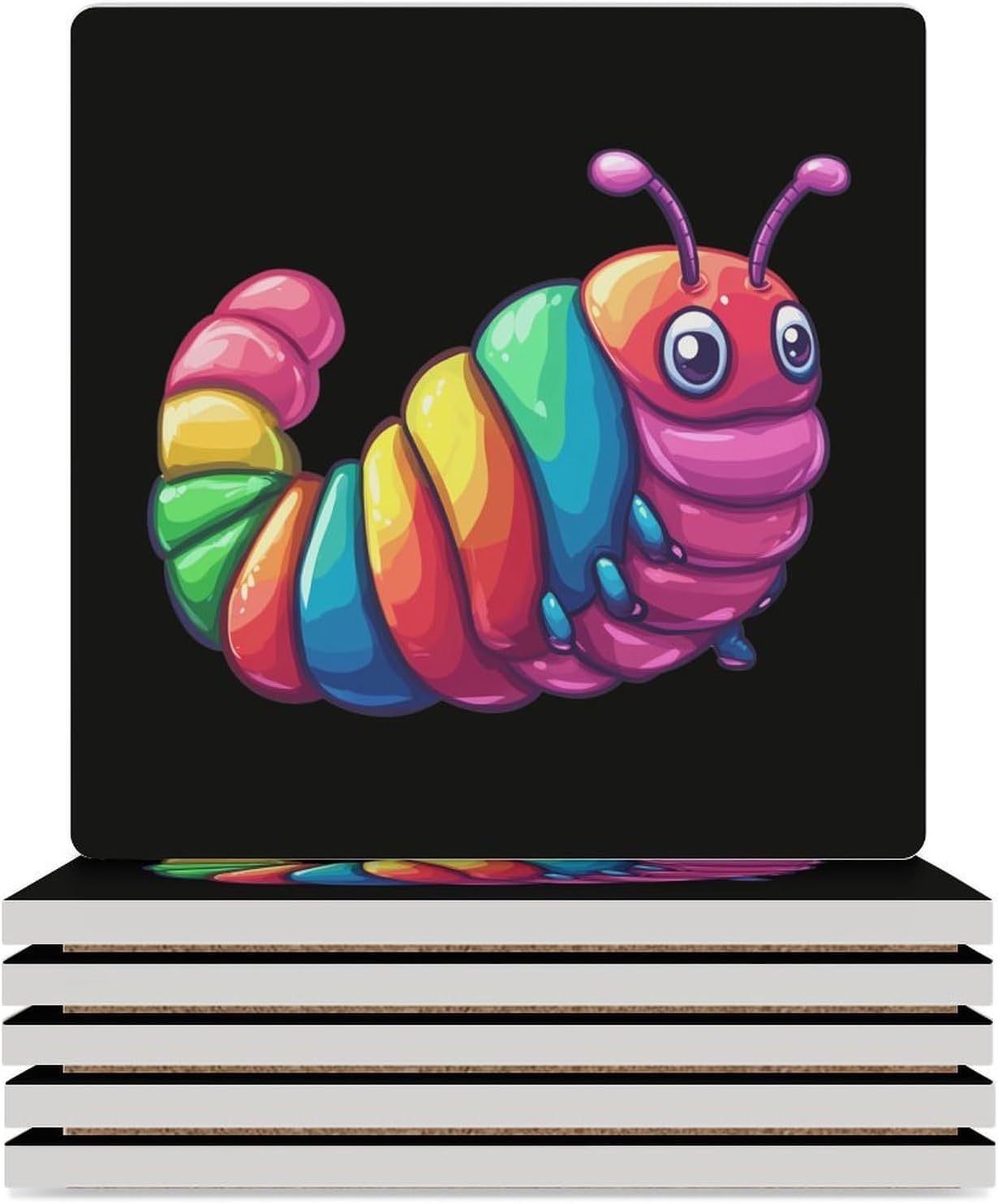 Colorful Slug Caterpillar Coasters for Drinks Square Table Coasters Set Cup Mats with Cork Base