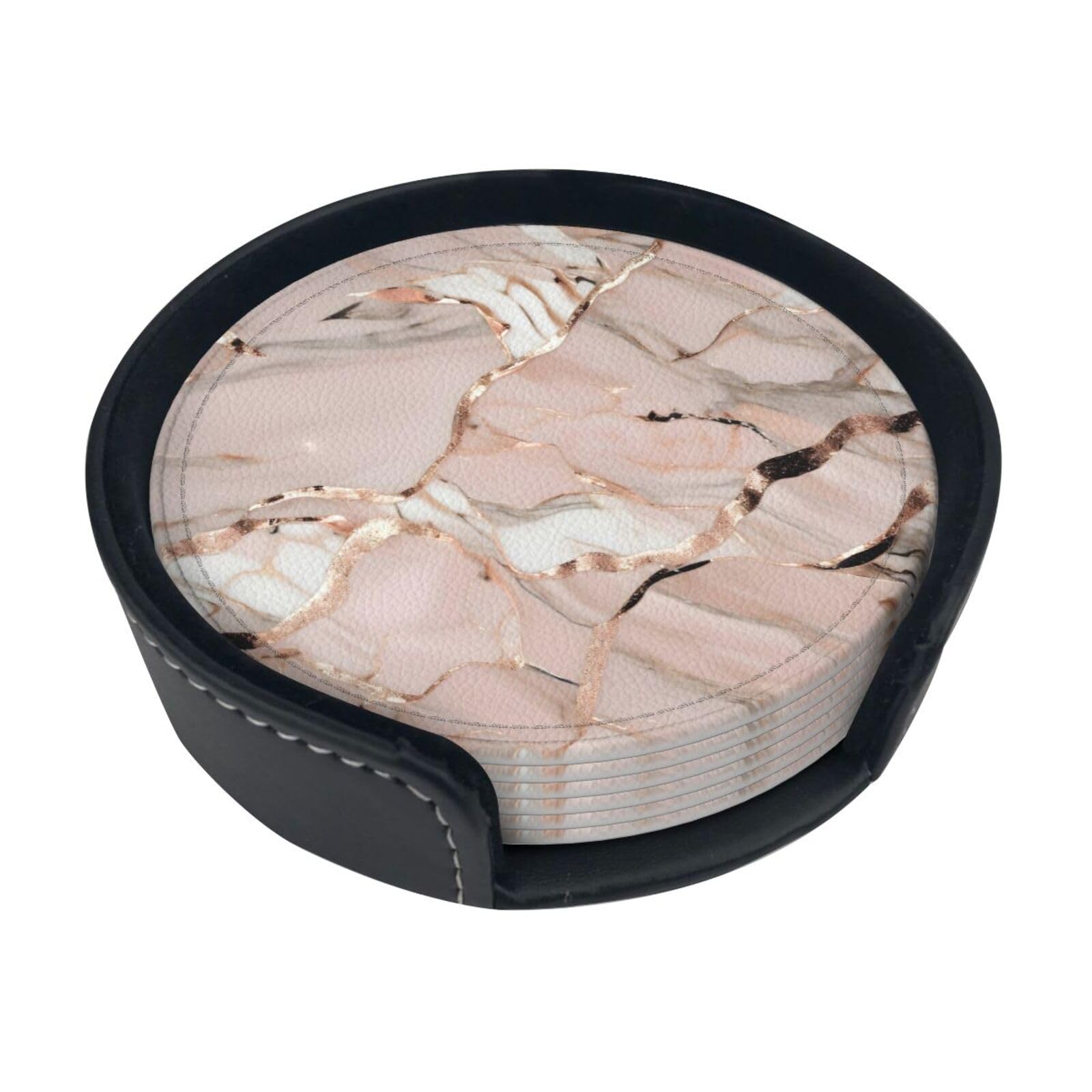 Rose Gold Marble Print Round Coasters Set Of 6,Coaster For Tabletop Protection Home Bar Decor