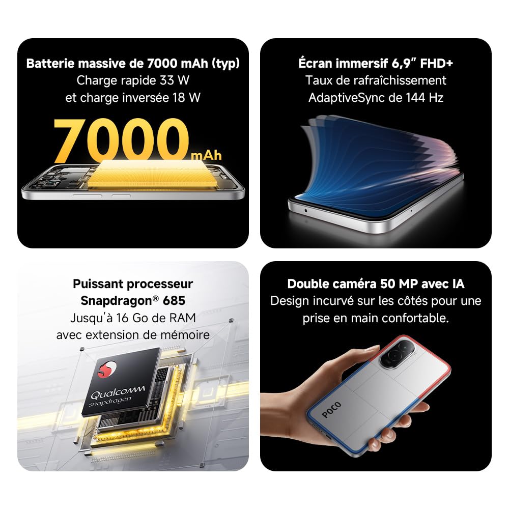 XIAOMI POCO M7, Smartphone 8+256 Go, écran FHD+ 144 Hz de 6,9 Pouces, Snapdragon 685, Double caméra AI 50 MP, 7000 mAh, Argent, Chargeur Non Inclus (Version Française + 2 Ans de Garantie)