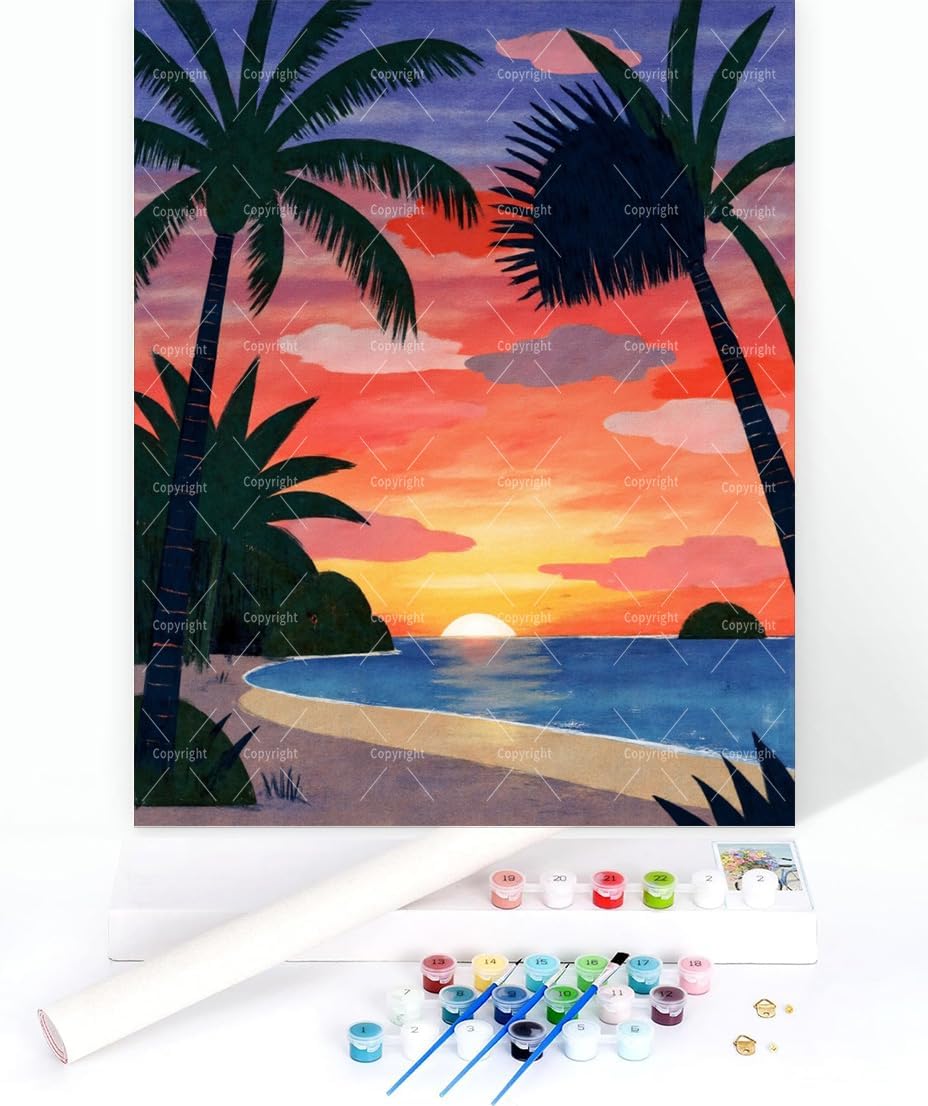 Sceorixa Sunset Paint By Numbers Kit for Adults - DIY Colorful Sunset Landscape Painting On Canvas, Acrylic Paint Set, Suitable for Beginners, Art for Home Decoration Or Gifts(12X16IN Framed)