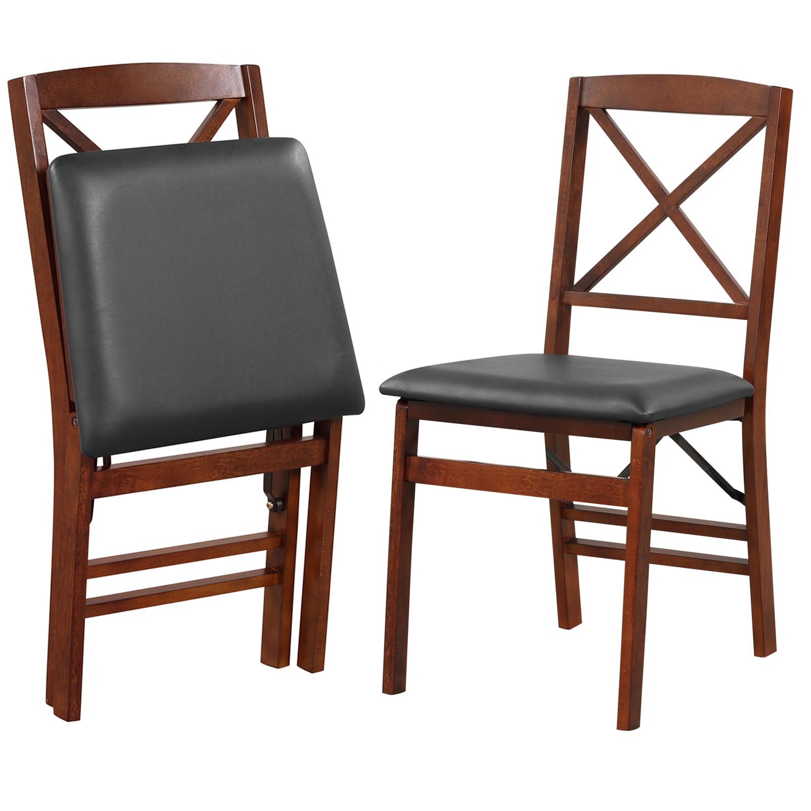 TANGZON Folding Chairs Set of 2, Rubber Wood Padded Dining Chairs with PVC Leather/Linen Fabric Exterior, Home Office Upholstered Guest Conference Seats (Cross Backrest, 2, count) โ image 1