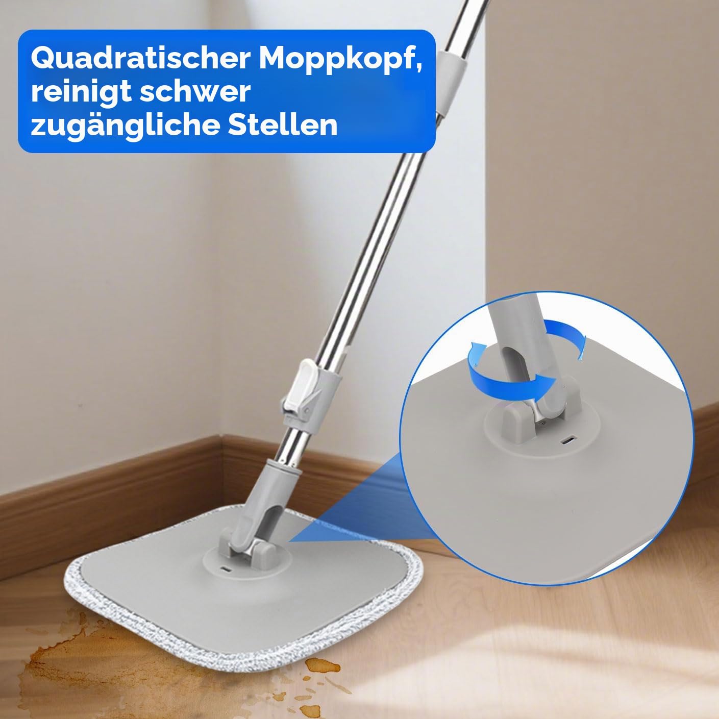 Sgizoku Wischmopp Set mit faltbarem Eimer, 360° drehbarer Wischmopp mit Presse, Waschen und Trocknen, mit 2 wiederverwendbaren Mikrofaser-Moppmatten für alle Arten von Böden