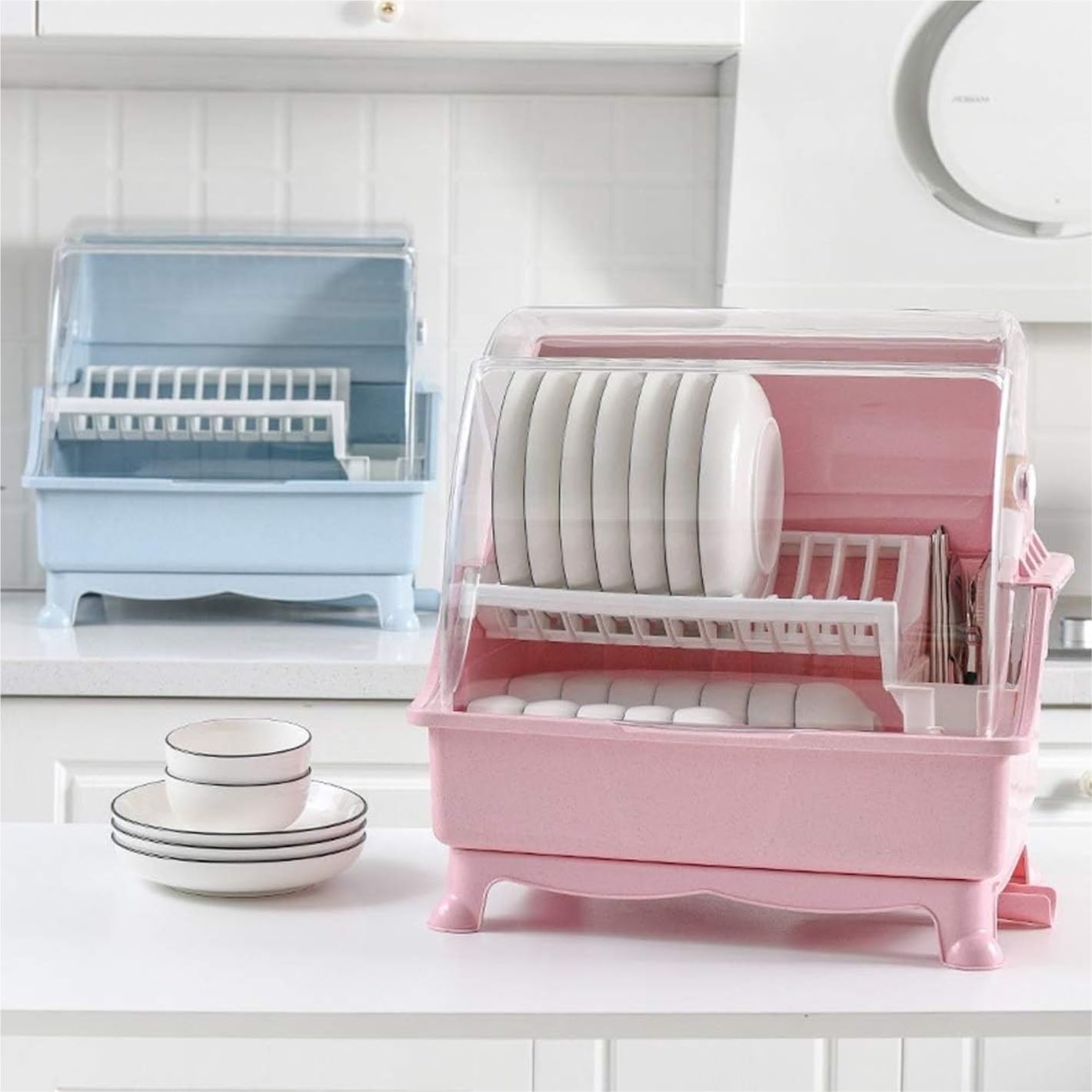 Escurridor de Platos de Cocina, escurridor de Platos de plástico de Doble Capa (Rosa)