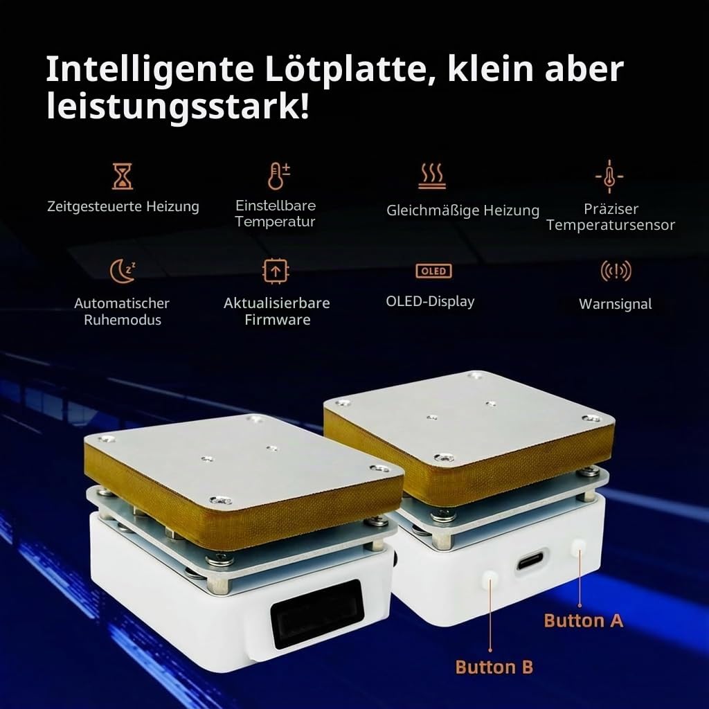 PCB Heizstation, 95W Lötstation Heizplatte, T55 Heizplatte Löten SMD, 25V Rework Heizung, Vorwärmen Lötstation, Labor-Heizplatten, Mini-Heizplatte, 55x55MM mit OLED-Display für Reparatur DIY Labor