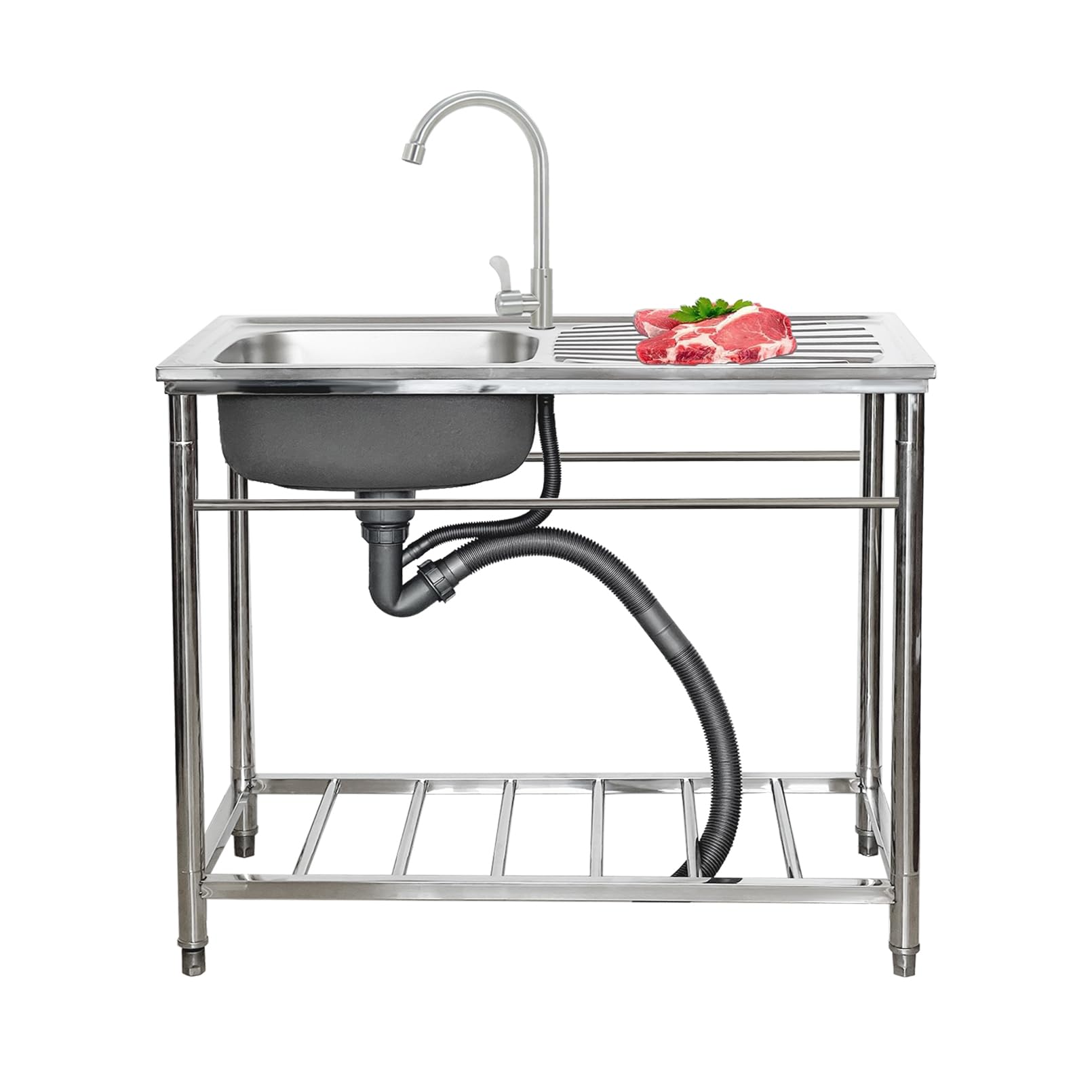 LMYSXAOZ 1 Compartment Kitchen Sinks, Stainless Steel Washing Hand Basin Commercial with Workbench and Faucet, Free Standing Utility Sink for Garage, Restaurant,