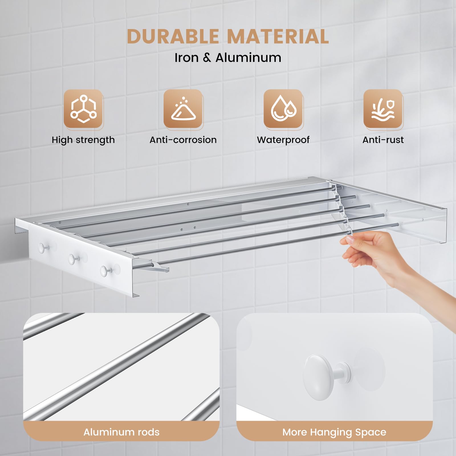 Tendedero de Pared, Tendedero Retráctil con 6 Ganchos Laterales, 5 Varillas de Aluminio, Fácil Instalación, Secador de Ropa Ahorra Espacio para Toallas, Ropa (Blanco, 100CM)