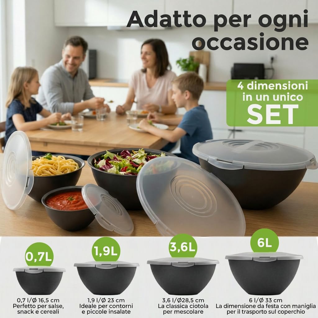 Hausfelder Set di ciotole grande con coperchio, insalatiera plastica, set di ciotole da 0,7-6 L in antracite nero senza BPA, set insalatiere