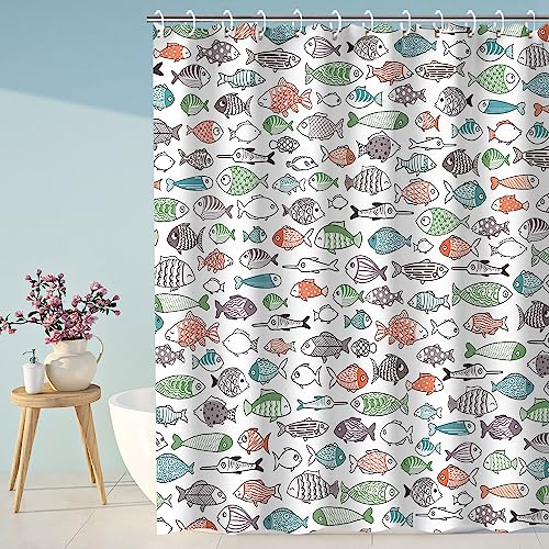 Image of RosieLily Colorful Fishes Shower Curtain, Kids Shower Curtains Set with 12 Hooks, Waterproof Shower Curtain for Bathroom, 72 x 78 Inch, Cartoon Fun Fishes Ocean Animals Bath Curtains