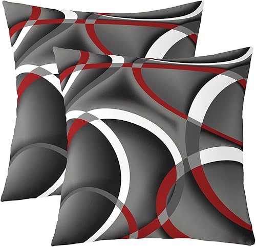 Juego de 2 fundas de almohada modernas con estampado de líneas geométricas de doble cara de 16 x 16 pulgadas, color gris, negro y rojo, fundas de