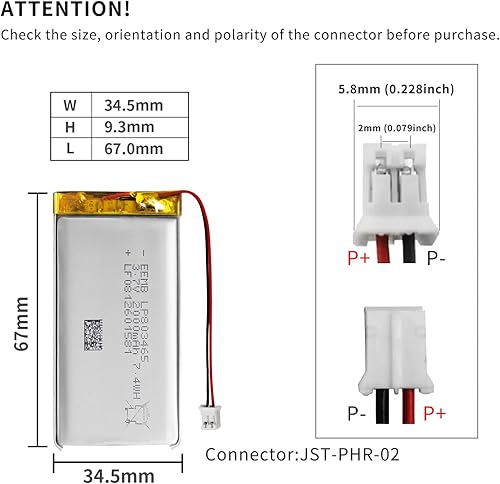 Miniatura 3 de EEMB Batería de polímero de litio 3.7V 2000mAh 803465 Lipo Batería recargable con conector JST de cable para altavoz y dispositivo inalámbrico