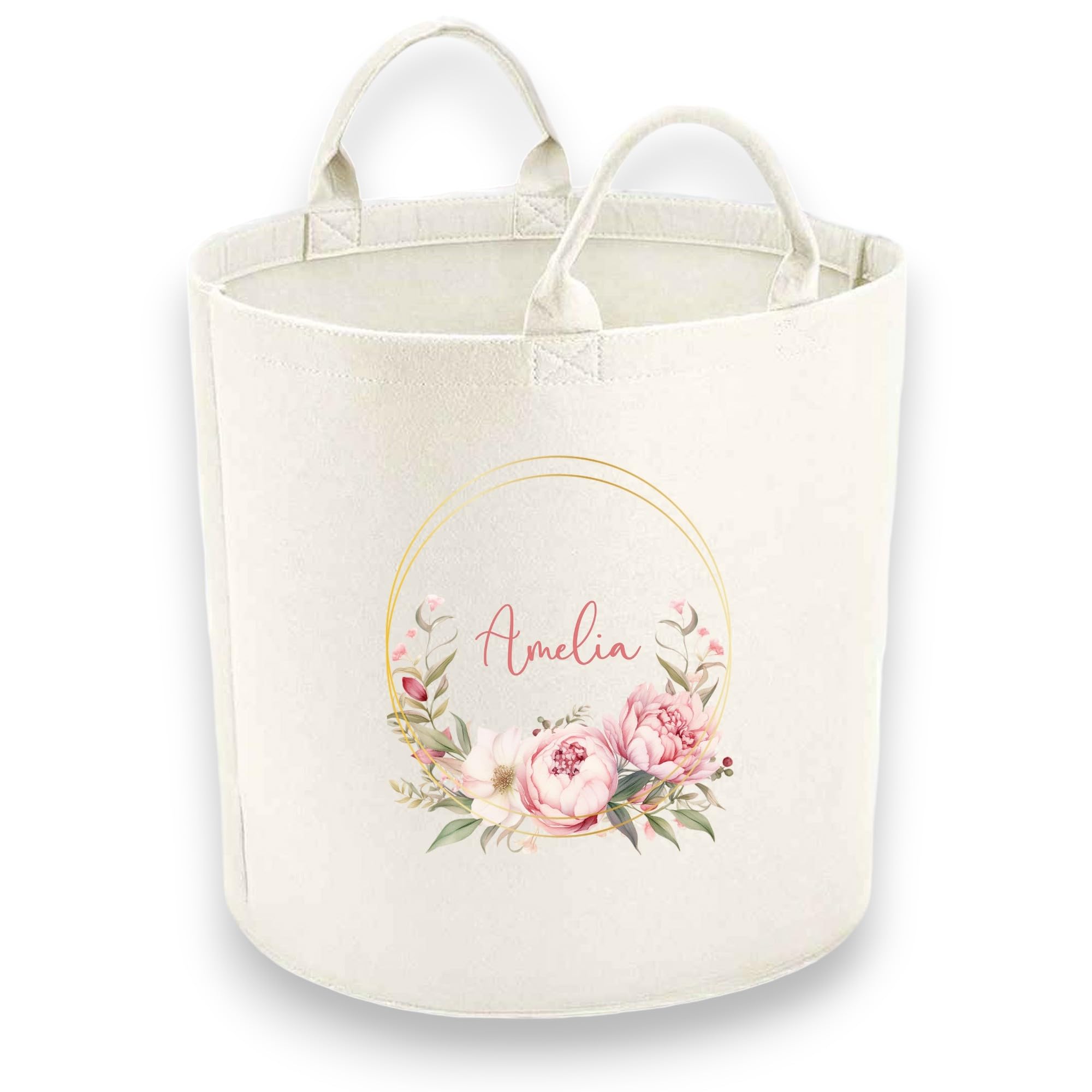 Personalised Child Felt Toy Tub with Floral Wreath Print (Various Sizes) (Medium: 40cm x 40cm) Toy Storage Tub | Laundry Basket (Small (30x30cm))