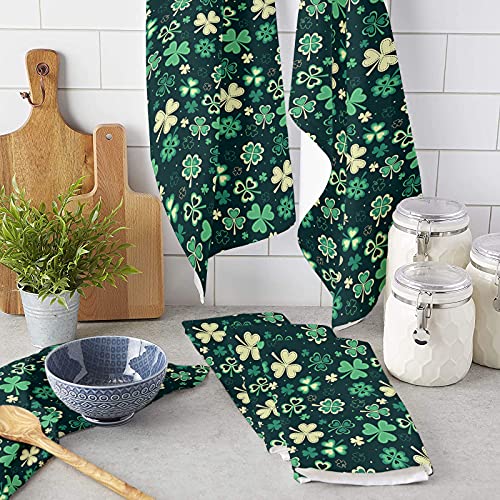 St. Patrick's Day Kitchen Towel Set Of 1, Irish Lucky Green Cover Leaf Hand Towels Absorbent Microfiber Dish Cloth Celtic Knots Shamrock Washable Tea Bar Dishcloth Cleaning Cloths #TOP2