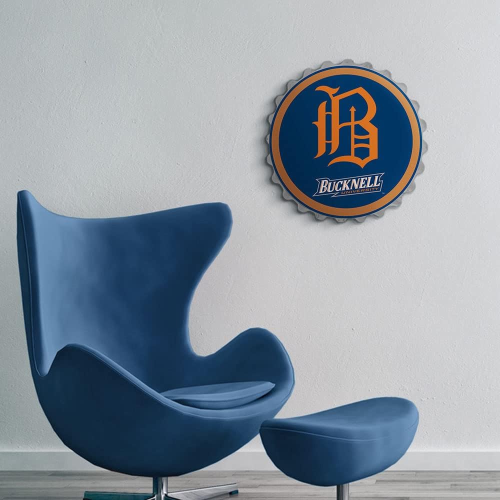 The Fan-Brand NCAA Bucknell Bisons: Script Logo - Bottle Cap Wall Sign - Football, Basketball & Baseball Wall Decor - College Sports Décor for Home, Office, Game Room, Fan Cave & Garage - USA Made