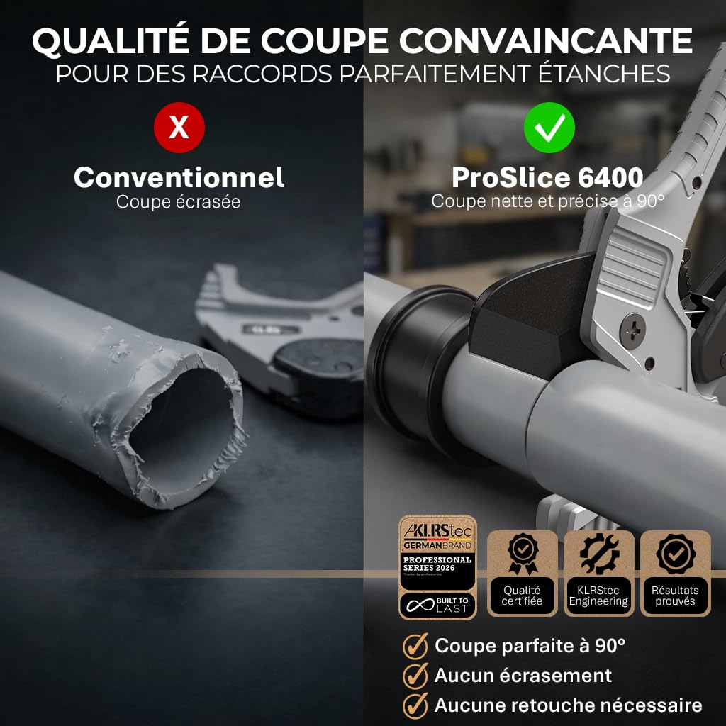 KLRStec Coupe-tubes professionnel en PVC ProSlice 6400 (64 mm / 2-1/2") Coupe-tube Professionnel à Cliquet – Inclut Lame de Rechange et Étui Nylon avec Clip Ceinture