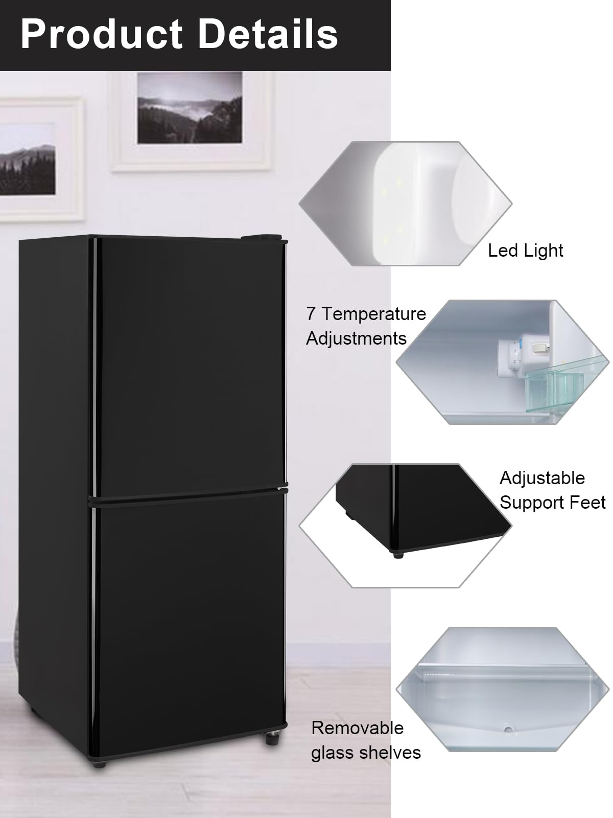Krib Bling Refrigerator With Freezer 4.0 Cu.Ft With 7 Level Adjustable Thermostat Control 2 Door Bottom Freezer Refrigerator Lock Fresh Energy Saving For Apartment Bedroom Dorm And Office Black on Fridge.com - View 4