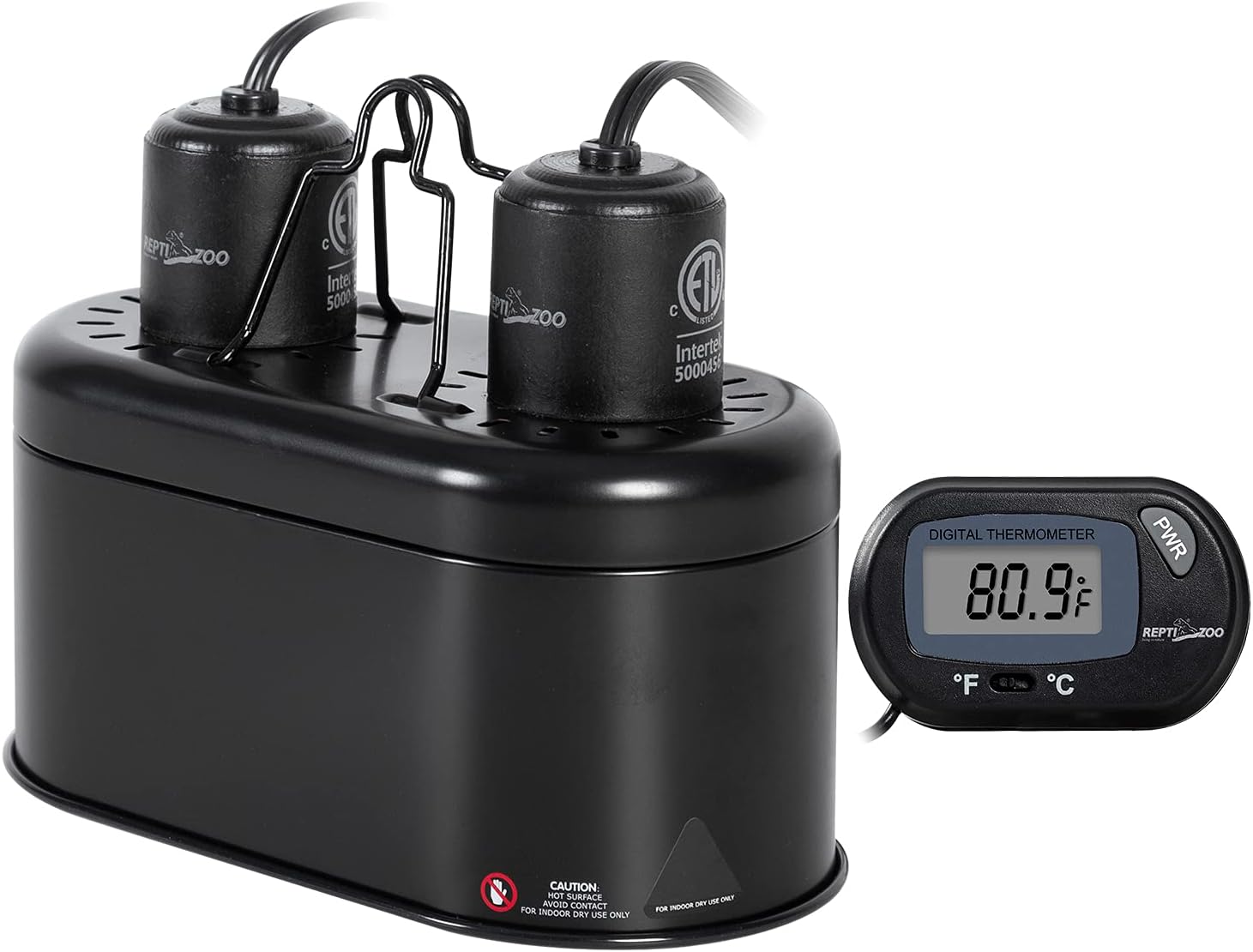 REPTI ZOO Nano Combo Reptile Deep Dome Dual Lamp Fixture and Digital Thermometer Reptile Dual Lamp Cap Combo Integration Design Max 40 Watts Per Socket UVB Light Fixture