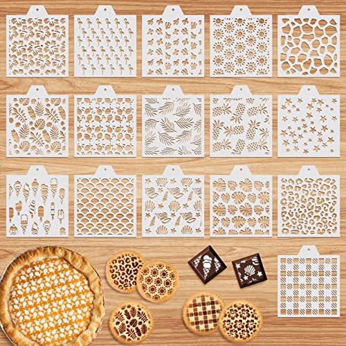 Whaline 16Pcs Summer Cookie Stencil Set Hawaiian Baking Stencils Templates Tropical Pineapple Flamingo Ice Cream Leaves Star Plaids Painting Stencil for Home Party Cake Biscuit Candy Coffee Decor